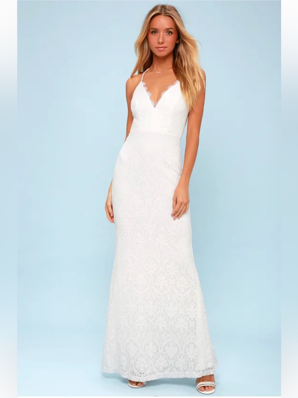 Lulu's White Dress Spaghetti Straps Alice Lace Backless Maxi Large new wedding